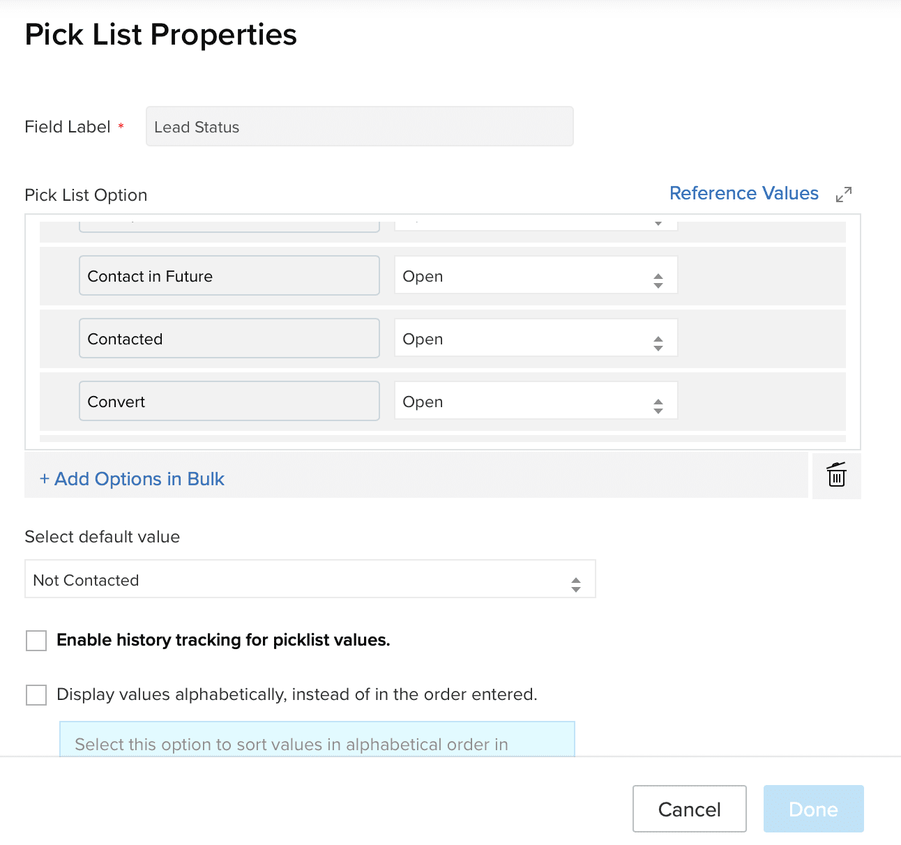 Zoho CRM - Lead Status Picklist